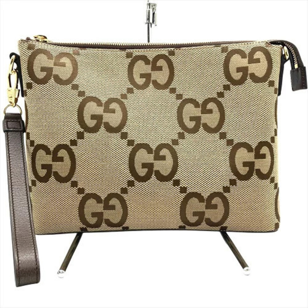Gucci Shoulder Leather Bag Canvas GG Jumbo Clutch Beige Tan